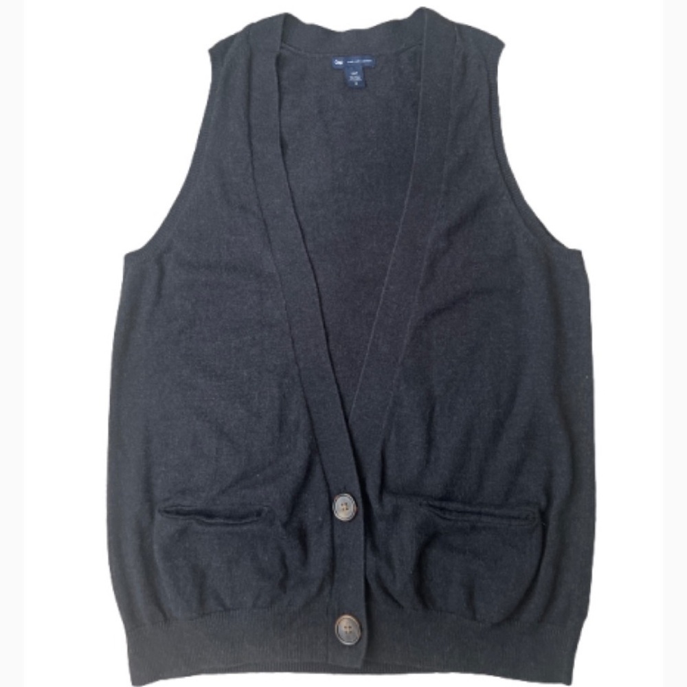 Gap Y2K Charcoal‎ Gray Cardigan Sleeveless Sweater Vest with Pockets